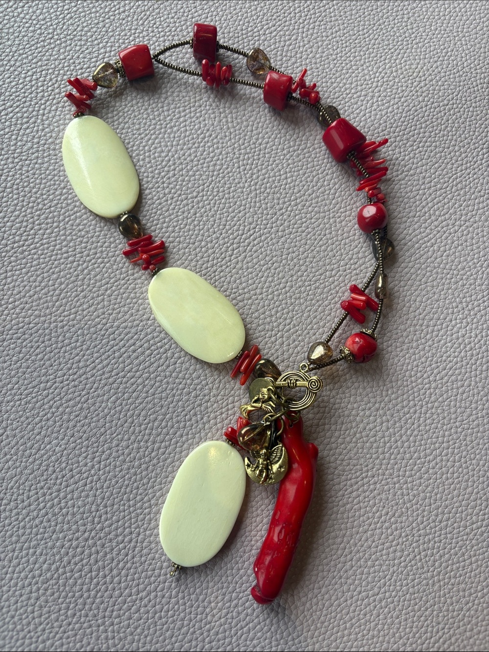 Boho Statement Necklace Red Coral Style Beads Ivory Pendant Charms